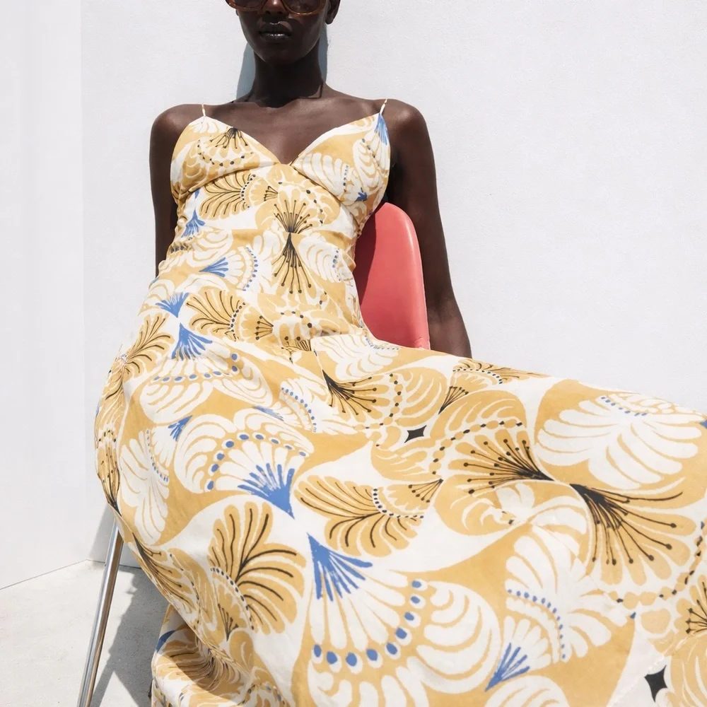 Zara Mustard Print Slip Maxi Dress Boho Resort Vacation Size S - Picture 7 of 7